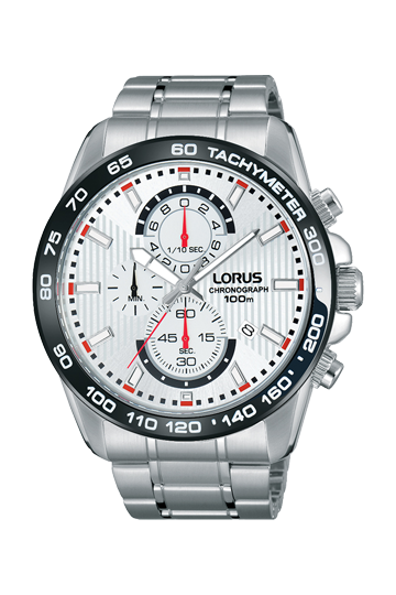 ساعة يد رجالية Lorus White بحزام من الفولاذ المقاوم للصدأ ومينا بنقش شعاع الشمس RM379CX9