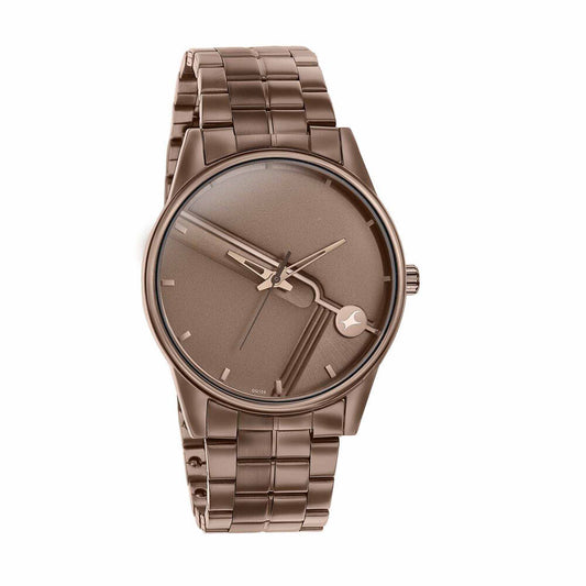ساعة يد كوارتز "Fastrack Stunnerse" بعقارب ومينا بني وسوار من الفولاذ المقاوم للصدأ للرجال