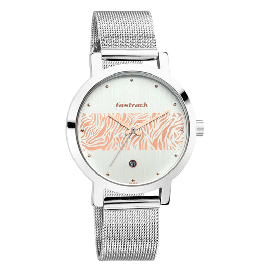 Fastrack Animal Print Watch with Silver with Rose Gold pattern on Dial