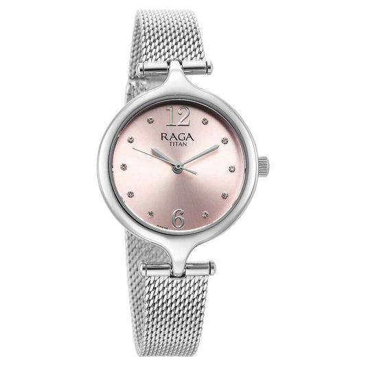 Titan Raga Showstopper Quartz Analog Pink Dial Metal Strap Watch for Women