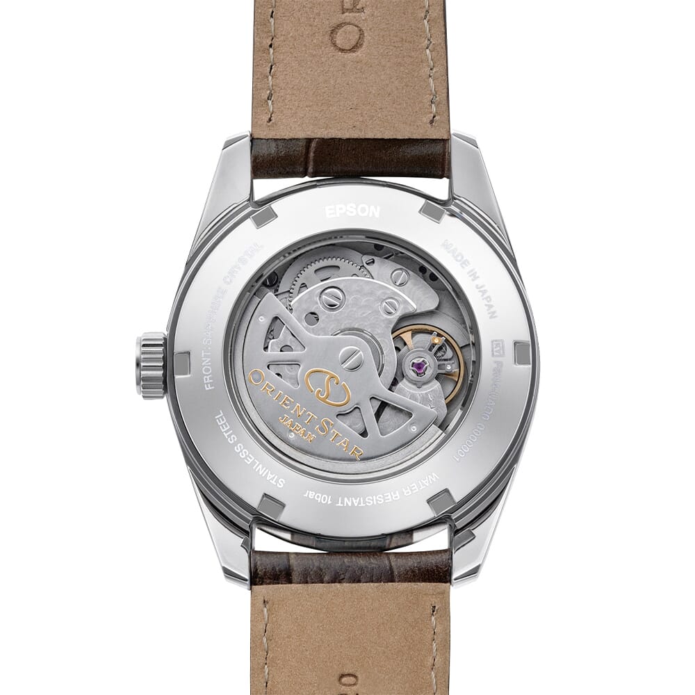 Orient star Contemporary Date Beige Dial Leather Strap Watch for Men's RE-AU0113Y