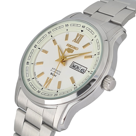 ساعة سيكو أوتوماتيكية للرجال، عرض تناظري وحزام من الفولاذ المقاوم للصدأ SNKP15J1