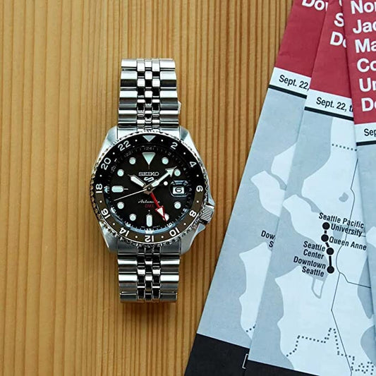 ساعة سايكو 5 سبورتس SSK GMT أوتوماتيكية للرجال بمينا أسود SSK001K1