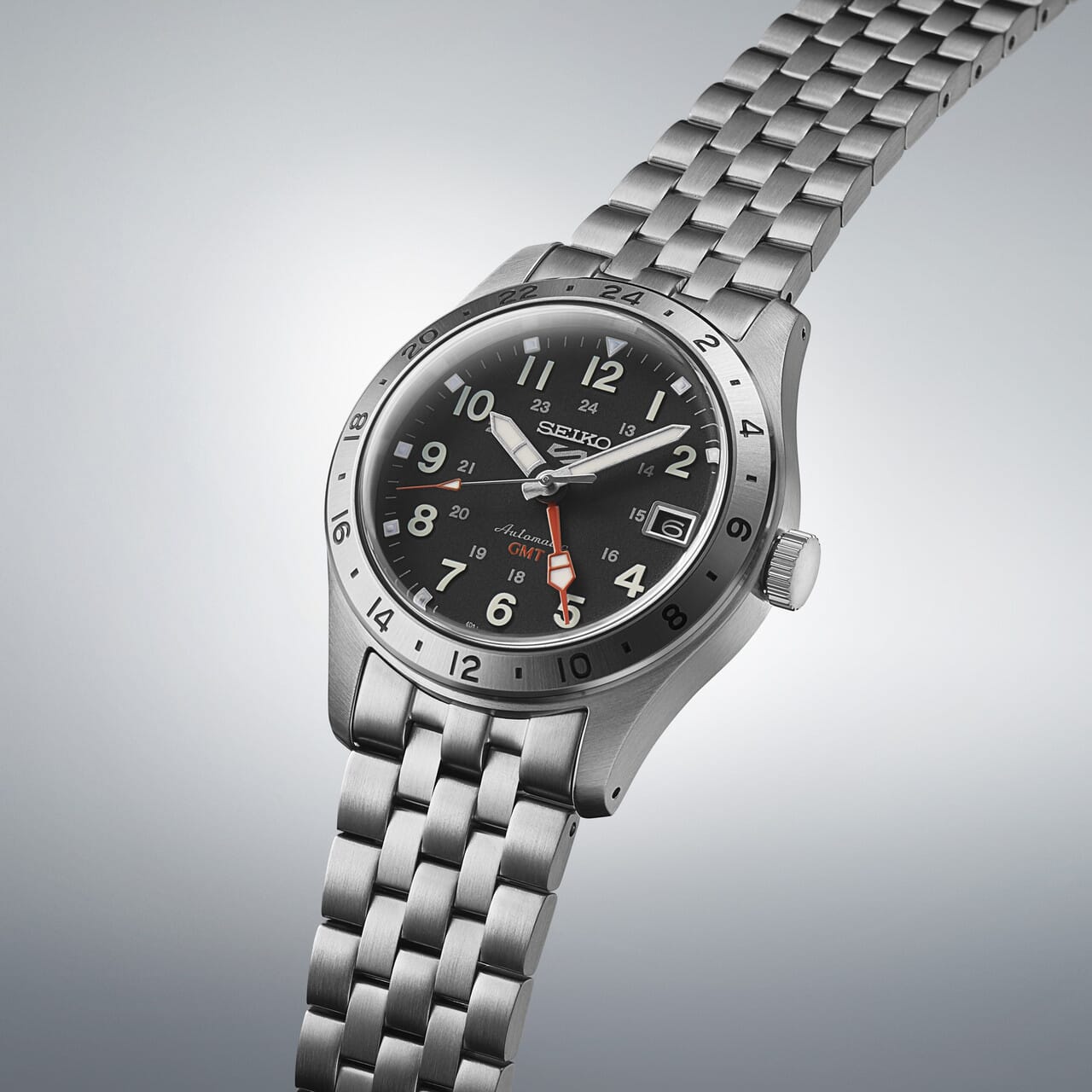 Seiko 5 GMT black dial stainless steel watch for men