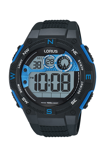 Lorus R2317LX9 - رجالي، رقمي، مقاومة للماء حتى 100 متر، تقويم، كرونوغراف، لون أسود وأزرق