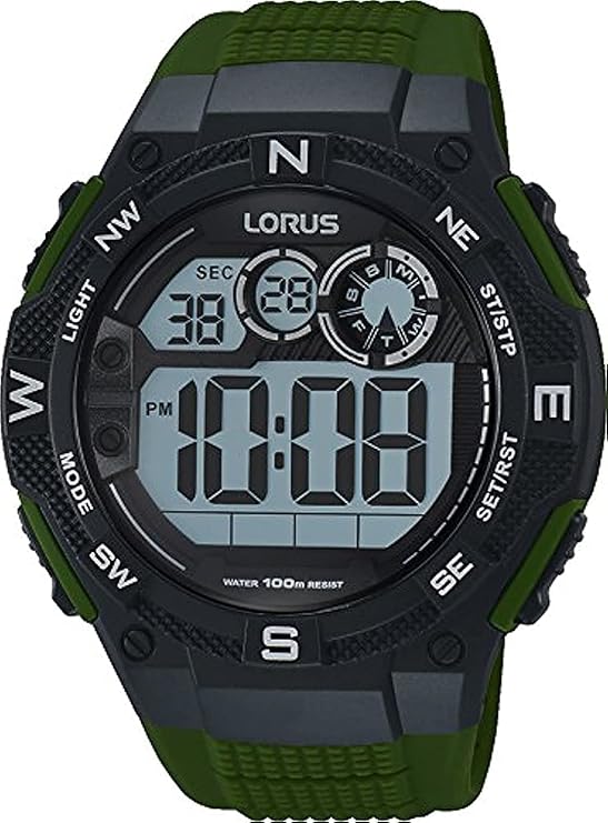Lorus R2321LX9 - للرجال، رقمية، مقاومة للماء حتى 100 متر، تقويم، ساعة توقيت، لون أسود وأخضر