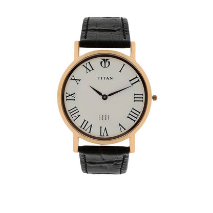 Titan Edge Men’s Designer Watch – Slim, Quartz, Water Resistant Leather Strap - Black Band and White Dial