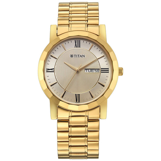 ساعة تيتان كاريشما للرجال، بمينا دائري بلون بيج وحزام من الستانلس ستيل للرجال