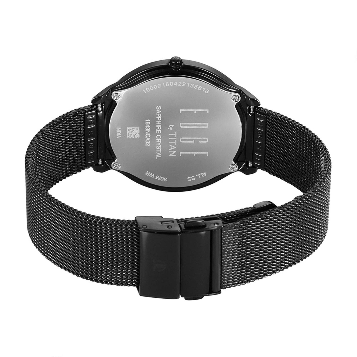 ساعة تايتن إيدج بسوار من الفولاذ المقاوم للصدأ ومينا أسود طراز 1843NM02