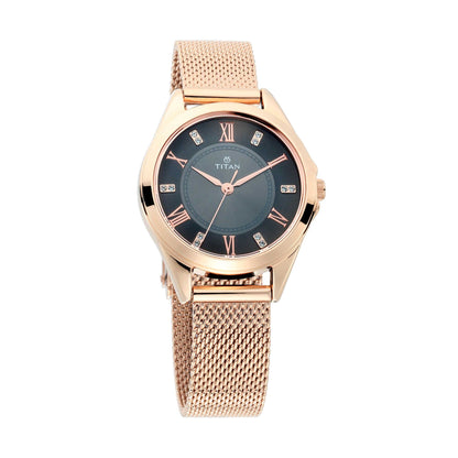 2565WM01 - Titan Sparkle Ladies, 50m Water Resistant, Charcoal Black Dial, Stainless Steel Mesh Strap, Golden