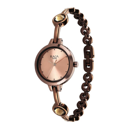 Titan Raga Viva Quartz Analog Rose Gold Dial Brown Metal Strap Watch for Women 2576QM01
