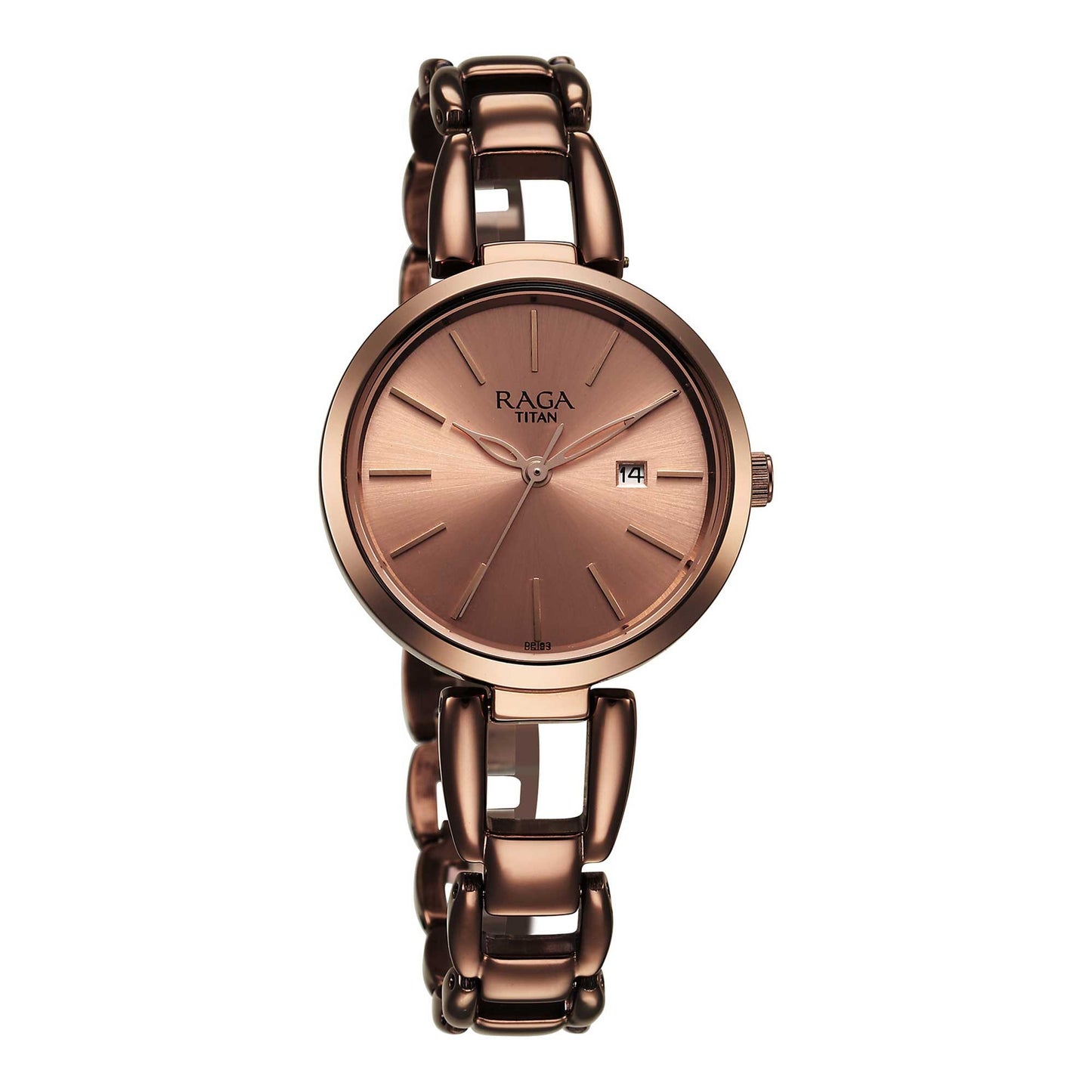 Titan Raga Viva Quartz Analog with Date Rose Gold Dial Brown Metal Strap Watch for Women 2642QM01