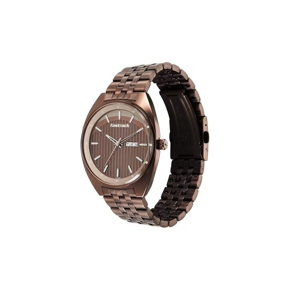 Fastrack Snob X Brown Dial Metal Strap Watch for Guys 3292QM02