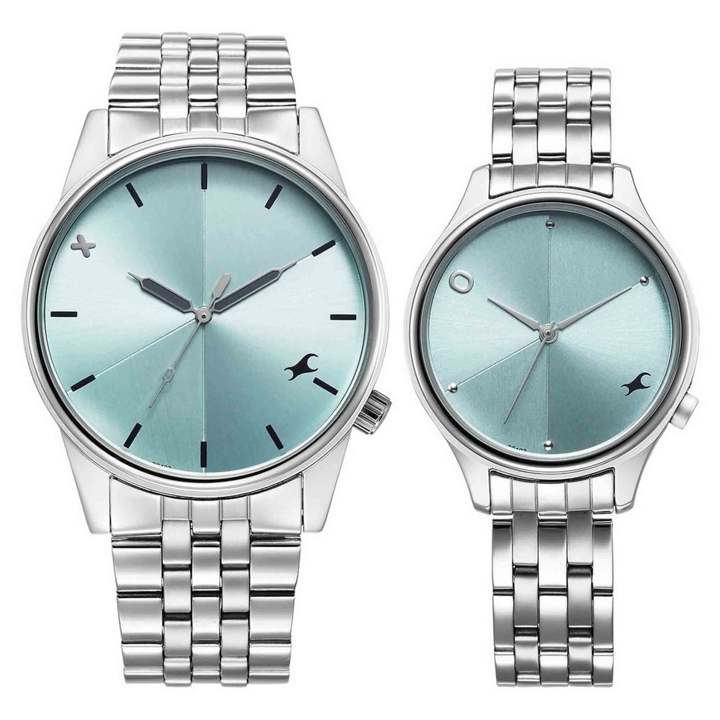ساعة يد Fastrack زرقاء بقرص دائري وحزام فضي للزوجين