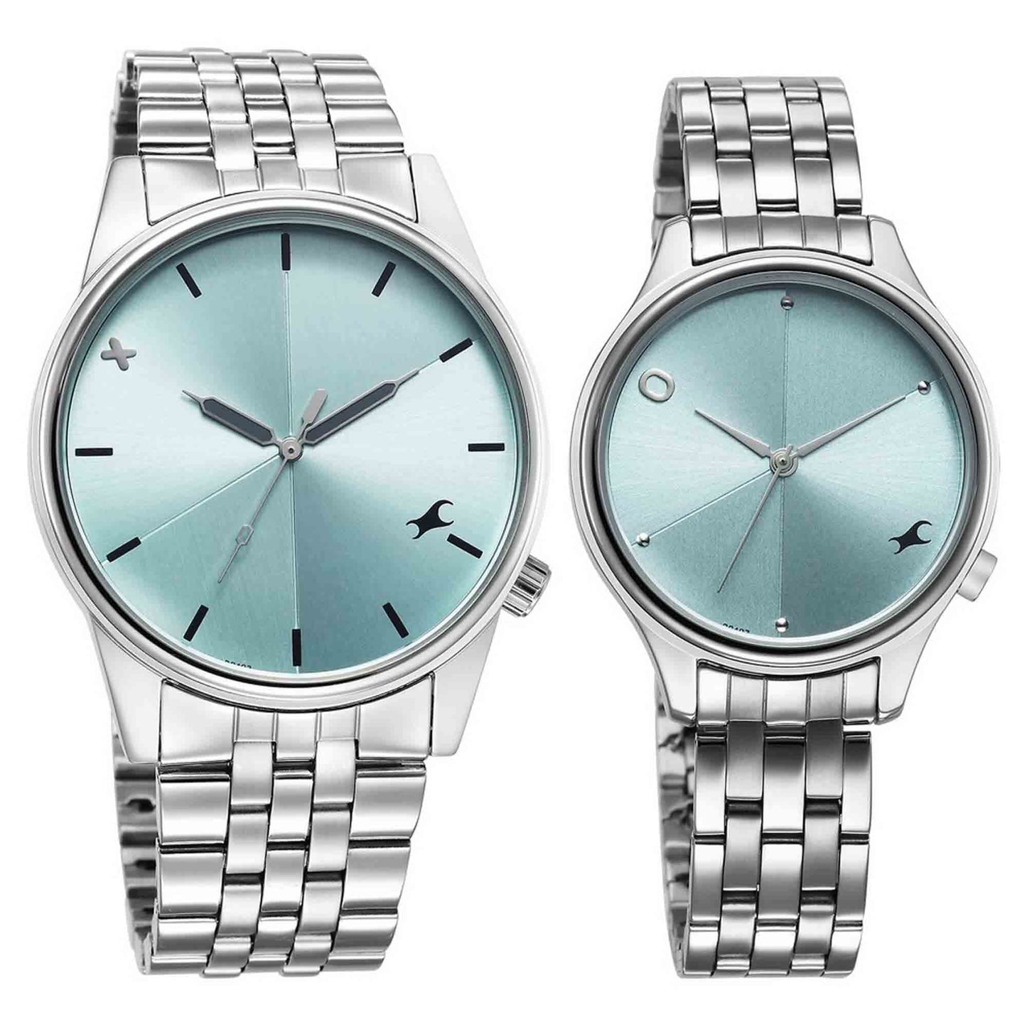 ساعة يد Fastrack زرقاء بقرص دائري وحزام فضي للزوجين