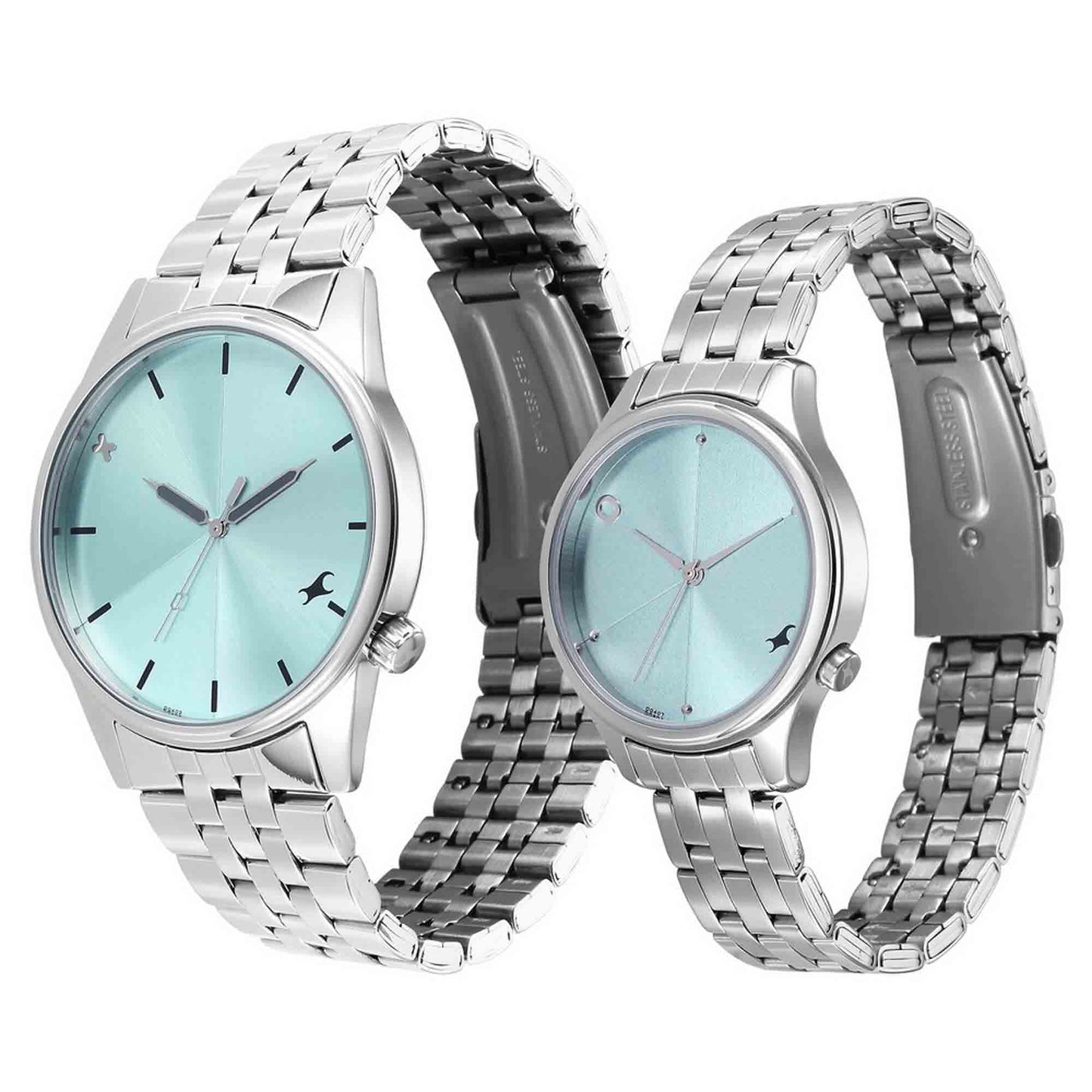 ساعة يد Fastrack زرقاء بقرص دائري وحزام فضي للزوجين