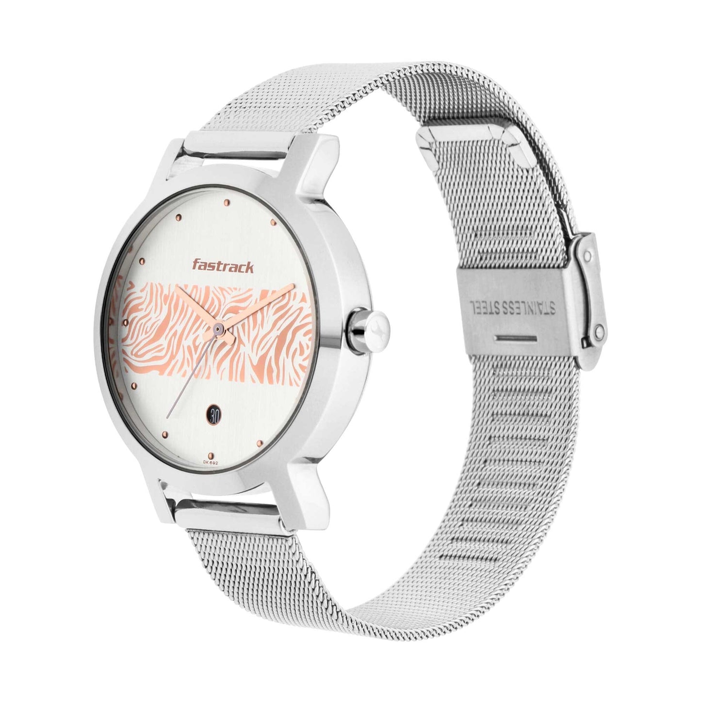 ساعة Fastrack بطبعة جلد حيوان، فضية اللون، مع نقش ذهبي وردي على المينا