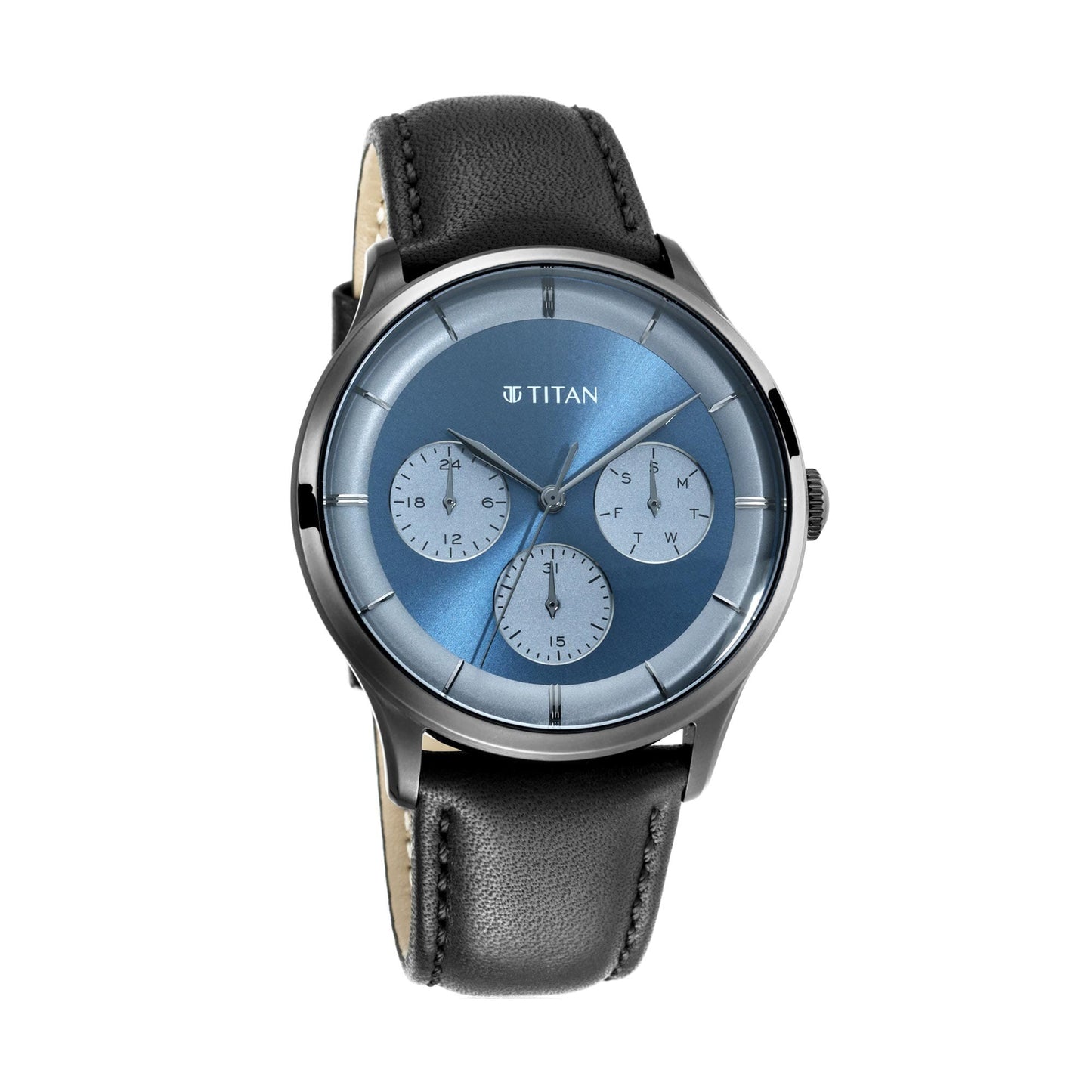 Titan Light Leathers Blue Quartz Multifunction Leather Strap watch for Men