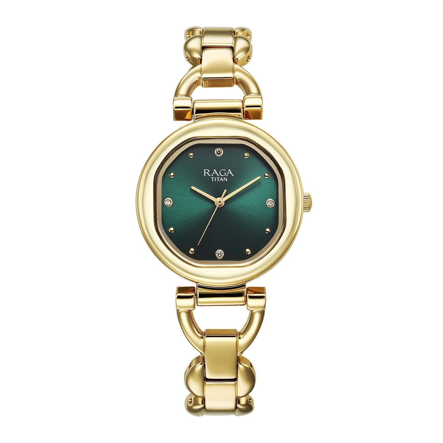Titan Raga Showstopper Quartz Analog Green Dial Metal Strap Watch For Women 95301YM01