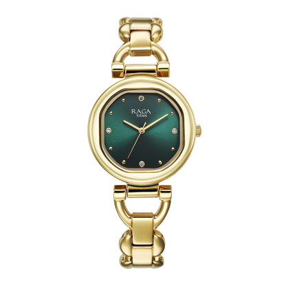 Titan Raga Showstopper Quartz Analog Green Dial Metal Strap Watch For Women 95301YM01
