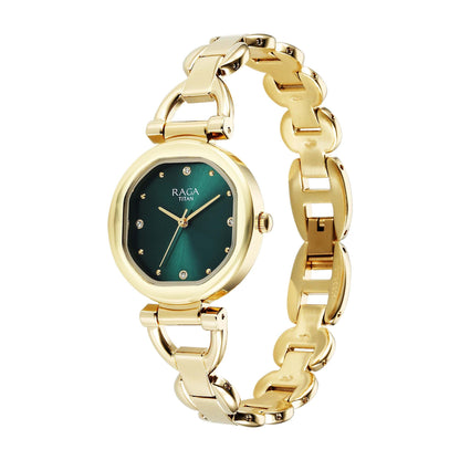 Titan Raga Showstopper Quartz Analog Green Dial Metal Strap Watch For Women 95301YM01