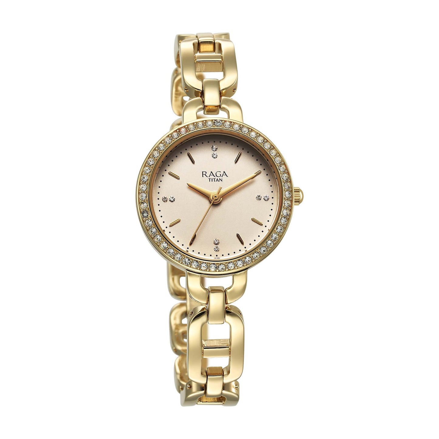 Titan Raga Showstopper Quartz Analog Golden Dial Metal Strap Watch For Women 95305YM01