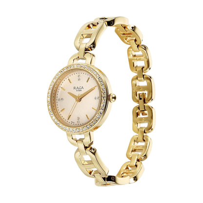 Titan Raga Showstopper Quartz Analog Golden Dial Metal Strap Watch For Women 95305YM01