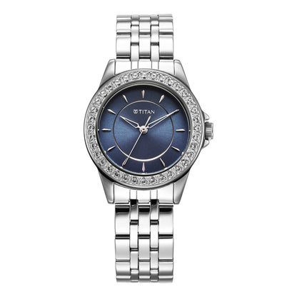 Titan Sparkle Women's Watch 9798SM06 – Midnight Blue Dial, Silver-Tone Stainless Steel Strap, Quartz Movement, Crystal-Studded Bezel, Elegant & Gift-Ready Timepiece