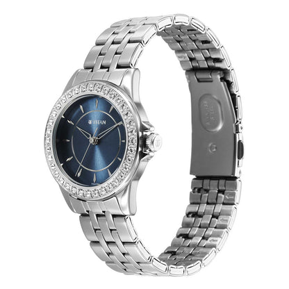 Titan Sparkle Women's Watch 9798SM06 – Midnight Blue Dial, Silver-Tone Stainless Steel Strap, Quartz Movement, Crystal-Studded Bezel, Elegant & Gift-Ready Timepiece