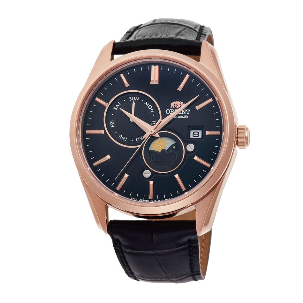 ساعة أورينت للرجال بحزام جلدي مع مراحل القمر RA-AK0309B00C