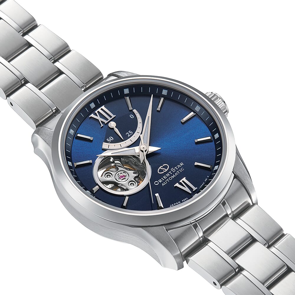 Orient star Semi Skeleton Blue Dial Stainless Steel Watch for Men's RE-AT0001L