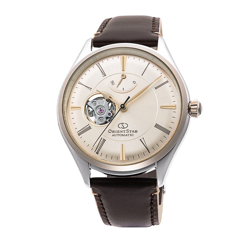 Orient star Classic Semi Skeleton Beige Dial Leather Strap Watch for Men's RE-AT0201G00B