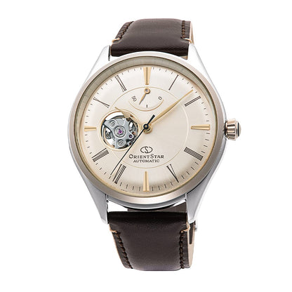 Orient star Classic Semi Skeleton Beige Dial Leather Strap Watch for Men's RE-AT0201G00B