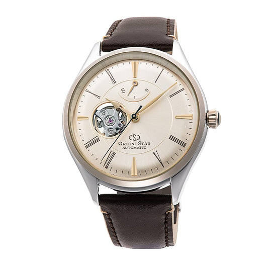 Orient star Classic Semi Skeleton Beige Dial Leather Strap Watch for Men's RE-AT0201G00B