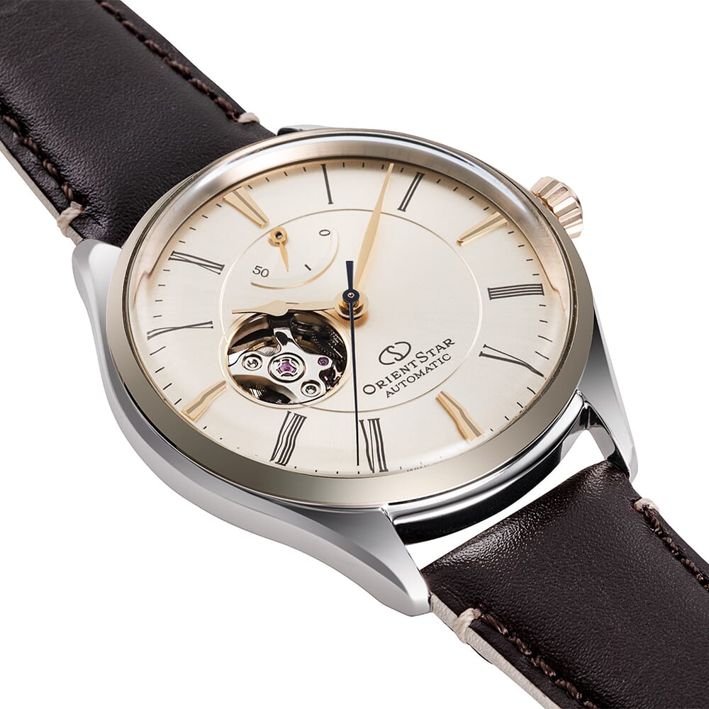 Orient star Classic Semi Skeleton Beige Dial Leather Strap Watch for Men's RE-AT0201G00B