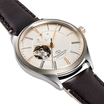 Orient star Classic Semi Skeleton Beige Dial Leather Strap Watch for Men's RE-AT0201G00B