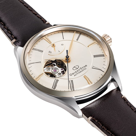 Orient star Classic Semi Skeleton Beige Dial Leather Strap Watch for Men's RE-AT0201G00B