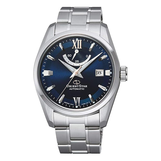 Orient Star Power Reserve Sapphire Glass Steel Bracelet Blue Dial Dress Watch RE-AU0005L, Blue