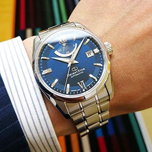 Orient Star Power Reserve Sapphire Glass Steel Bracelet Blue Dial Dress Watch RE-AU0005L, Blue