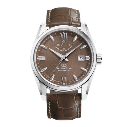 Orient star Contemporary Date Beige Dial Leather Strap Watch for Men's RE-AU0113Y