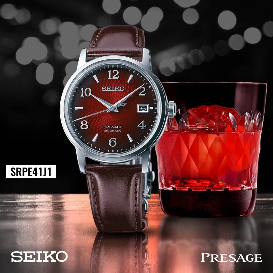 ساعة سيكو بريساج للرجال بحزام جلدي وقرص أحمر SRPE41J