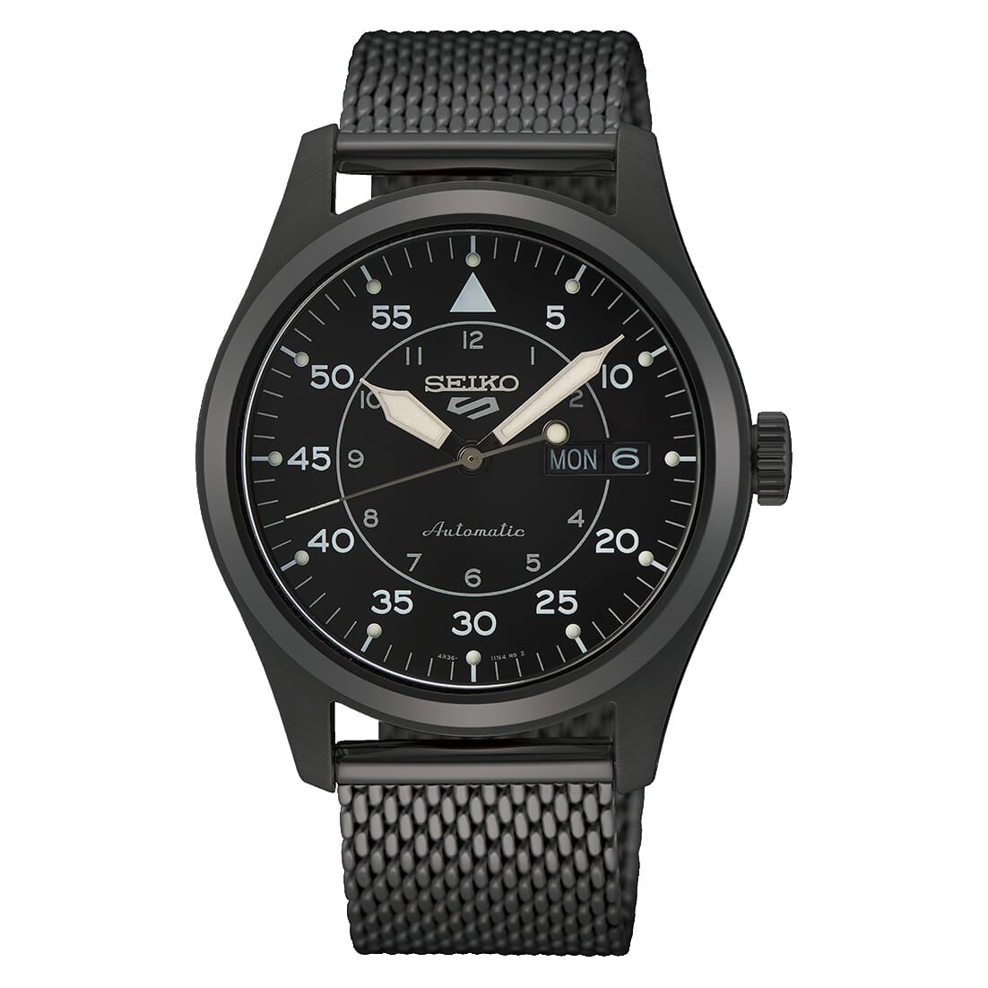 Seiko 5 Sports Military Flieger Automatic Black Dial Black Pvd Milanese Bracelet Mens Watch SRPh25K1