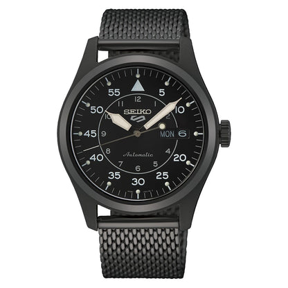 Seiko 5 Sports Military Flieger Automatic Black Dial Black Pvd Milanese Bracelet Mens Watch SRPh25K1