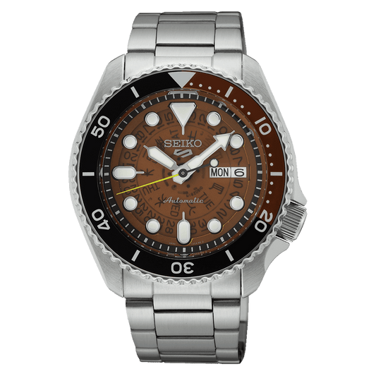 ساعة سايكو 5 سبورتس SKX بهيكل هيكلي ومينا بني SRPJ47K1، سوار معدني