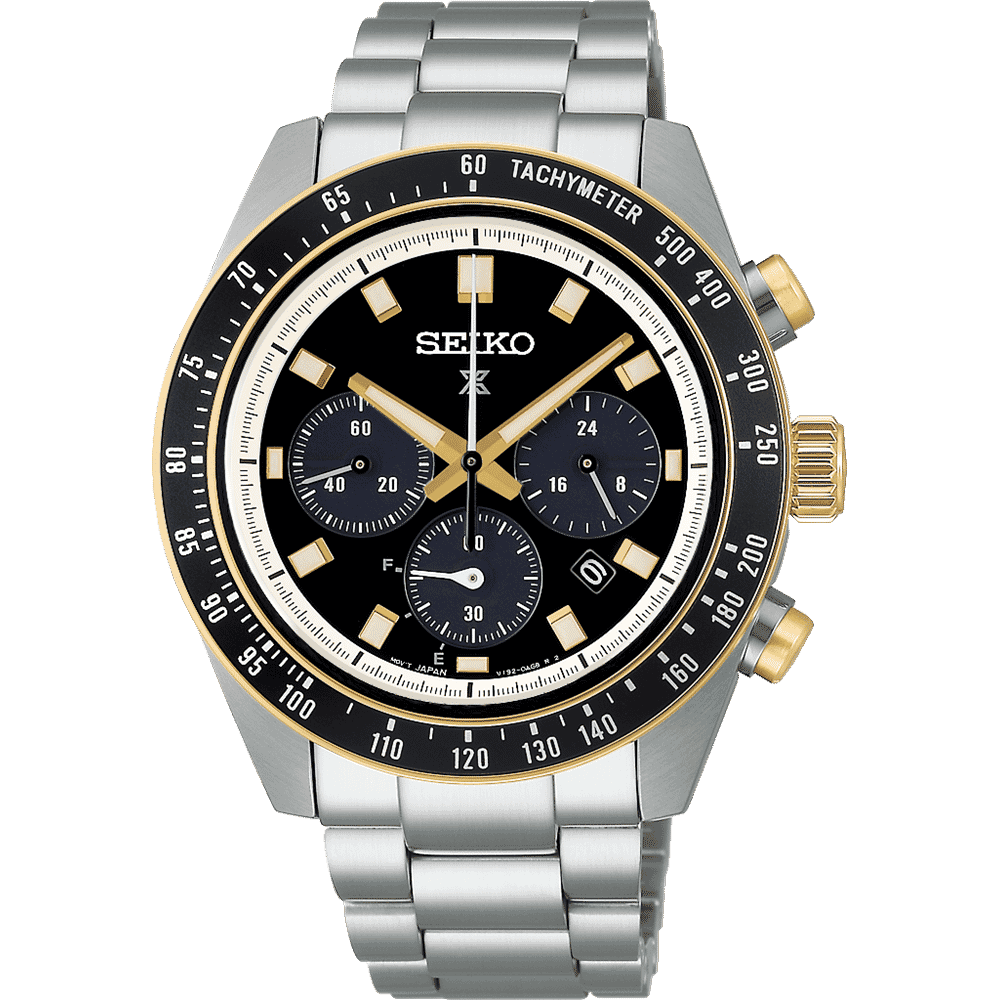 Seiko Prospex Speedtimer Chrono SSC941P1 Men's Solar Watch, Steel, Black Background, Gold finishing
