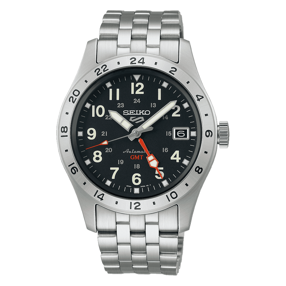 Seiko 5 GMT black dial stainless steel watch for men