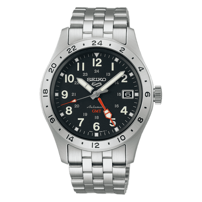 Seiko 5 GMT black dial stainless steel watch for men