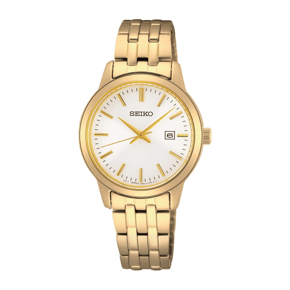 SEIKO Classic Quartz White Dial Yellow Gold-Tone Ladies Watch SUR412, Gold, Quartz Movement