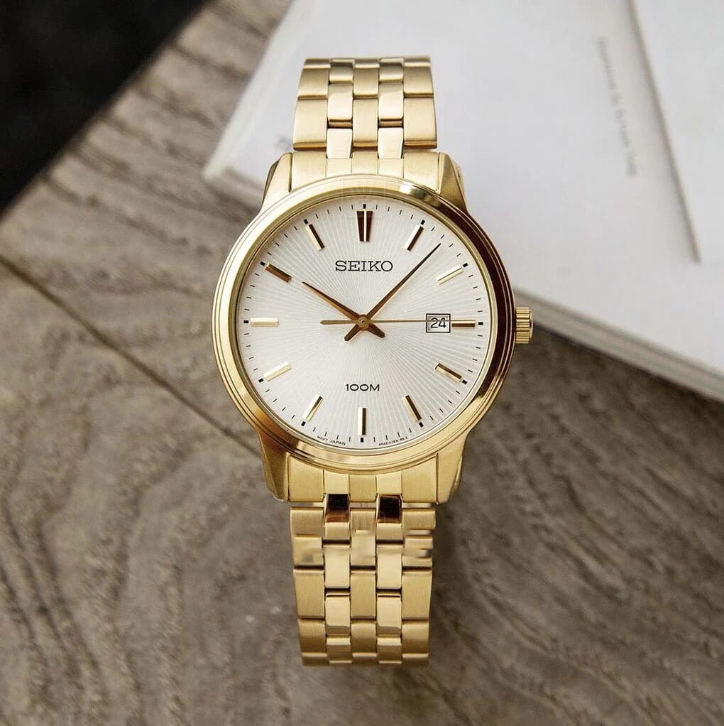 SEIKO Classic Quartz White Dial Yellow Gold-Tone Ladies Watch SUR412, Gold, Quartz Movement