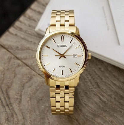 SEIKO Classic Quartz White Dial Yellow Gold-Tone Ladies Watch SUR412, Gold, Quartz Movement